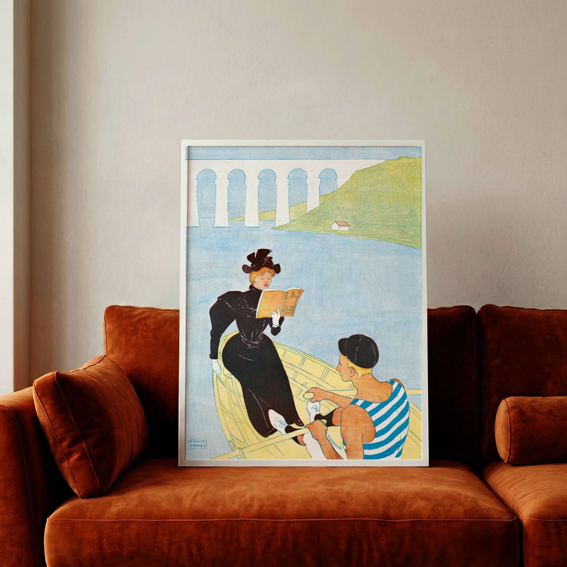 Illustration eines Mannes in gestreiftem Hemd, der eine Frau in einem Ruderboot über den See rudert.