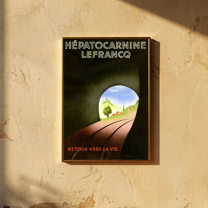 Dramatisches Licht und Schattenspiel in einem historischen französischen Arzneiplakat.
