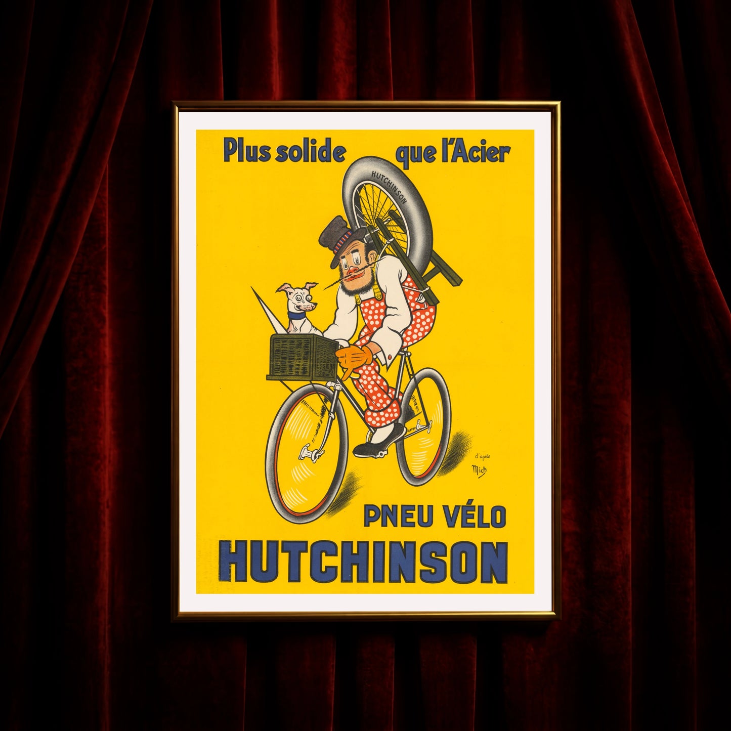 Detailreicher Kunstdruck einer historischen Hutchinson Reifenwerbung auf gelbem Grund.