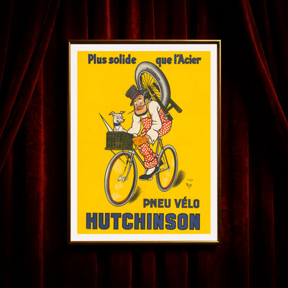 Detailreicher Kunstdruck einer historischen Hutchinson Reifenwerbung auf gelbem Grund.