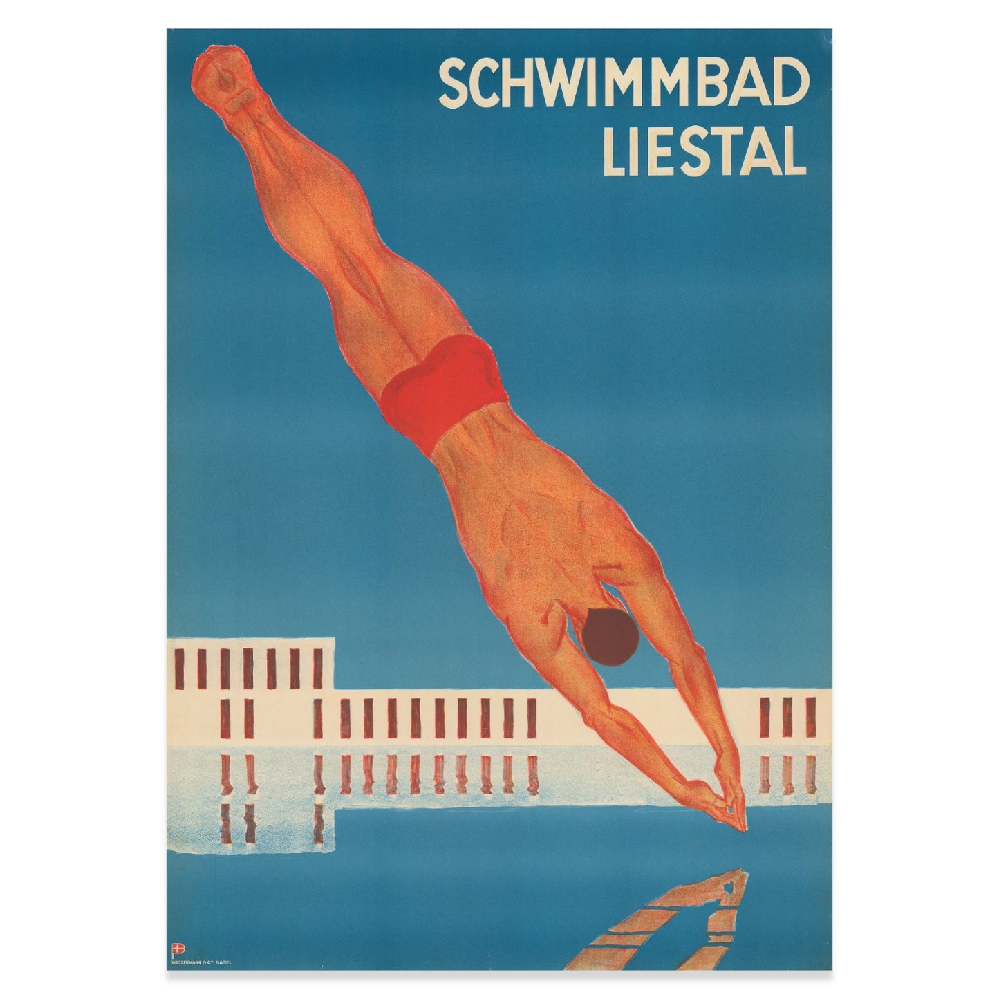 Historisches Sportplakat Schwimmbad Liestal in kräftigen Blau- und Orangetönen.