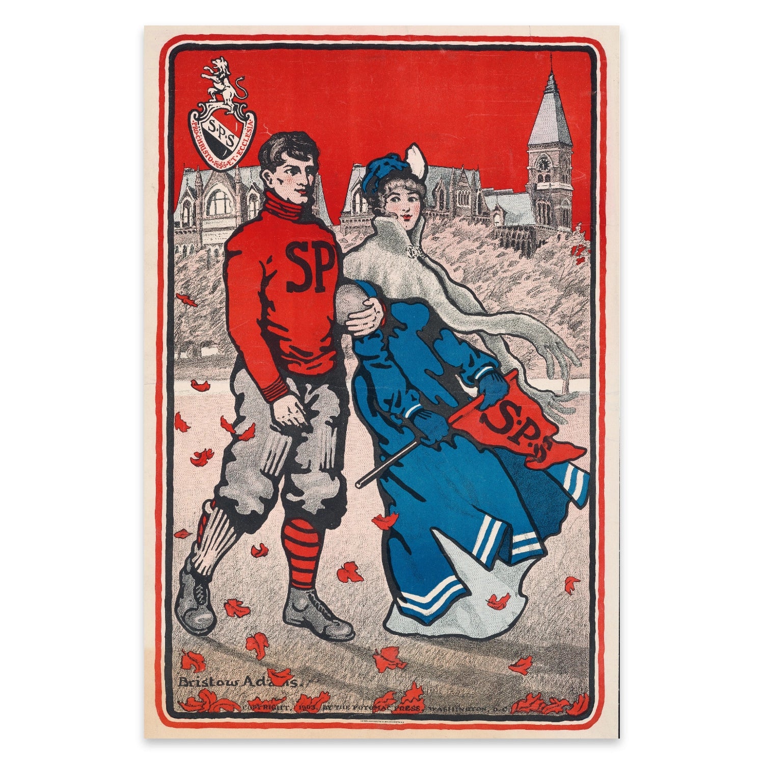 Retro-Plakat im akademischen Stil mit rotem Hintergrund und fliegenden Blättern.