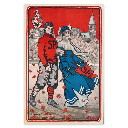 Retro-Plakat im akademischen Stil mit rotem Hintergrund und fliegenden Blättern.
