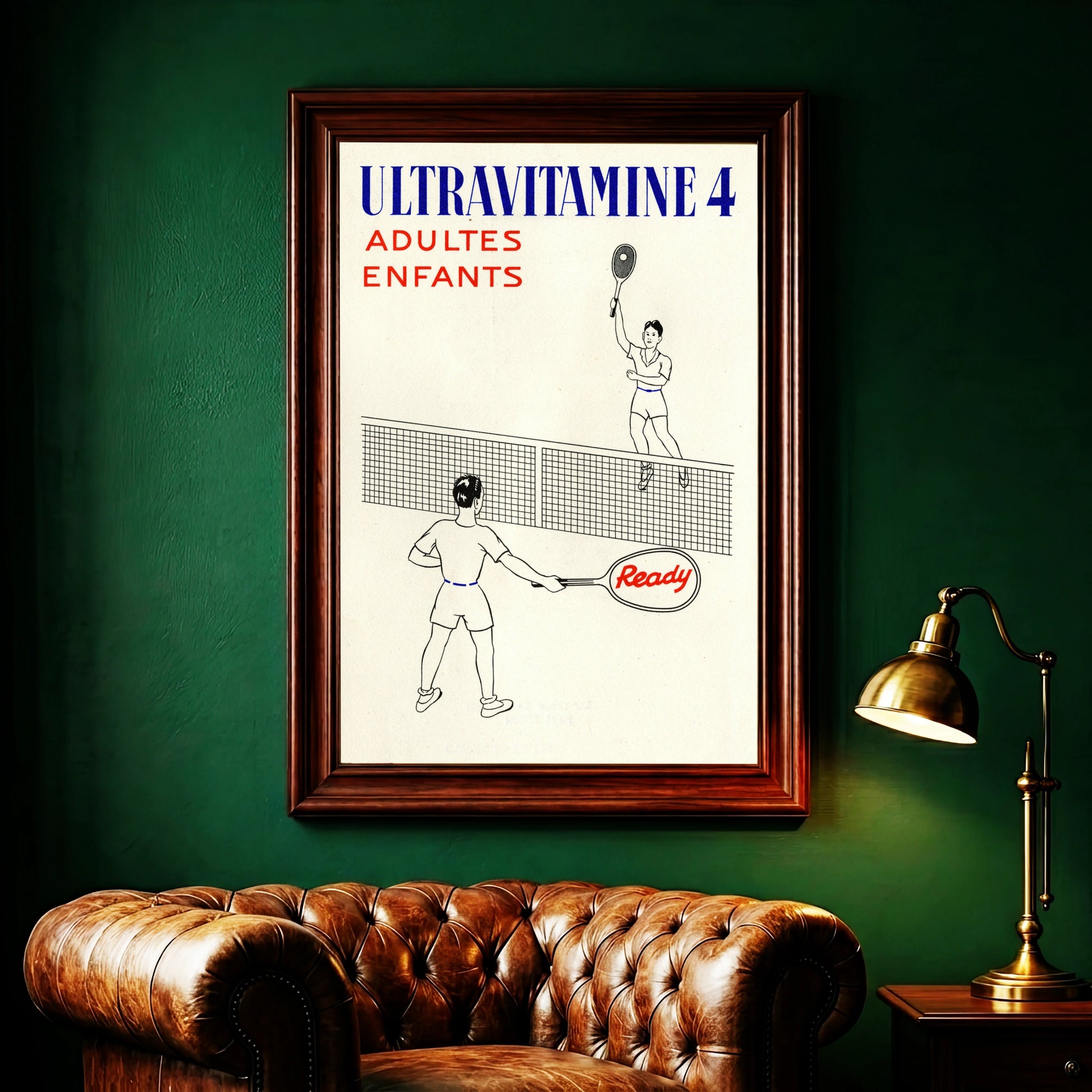 Retro-Grafik eines Tennisspielers von hinten mit einem Schläger auf dem Ready steht.