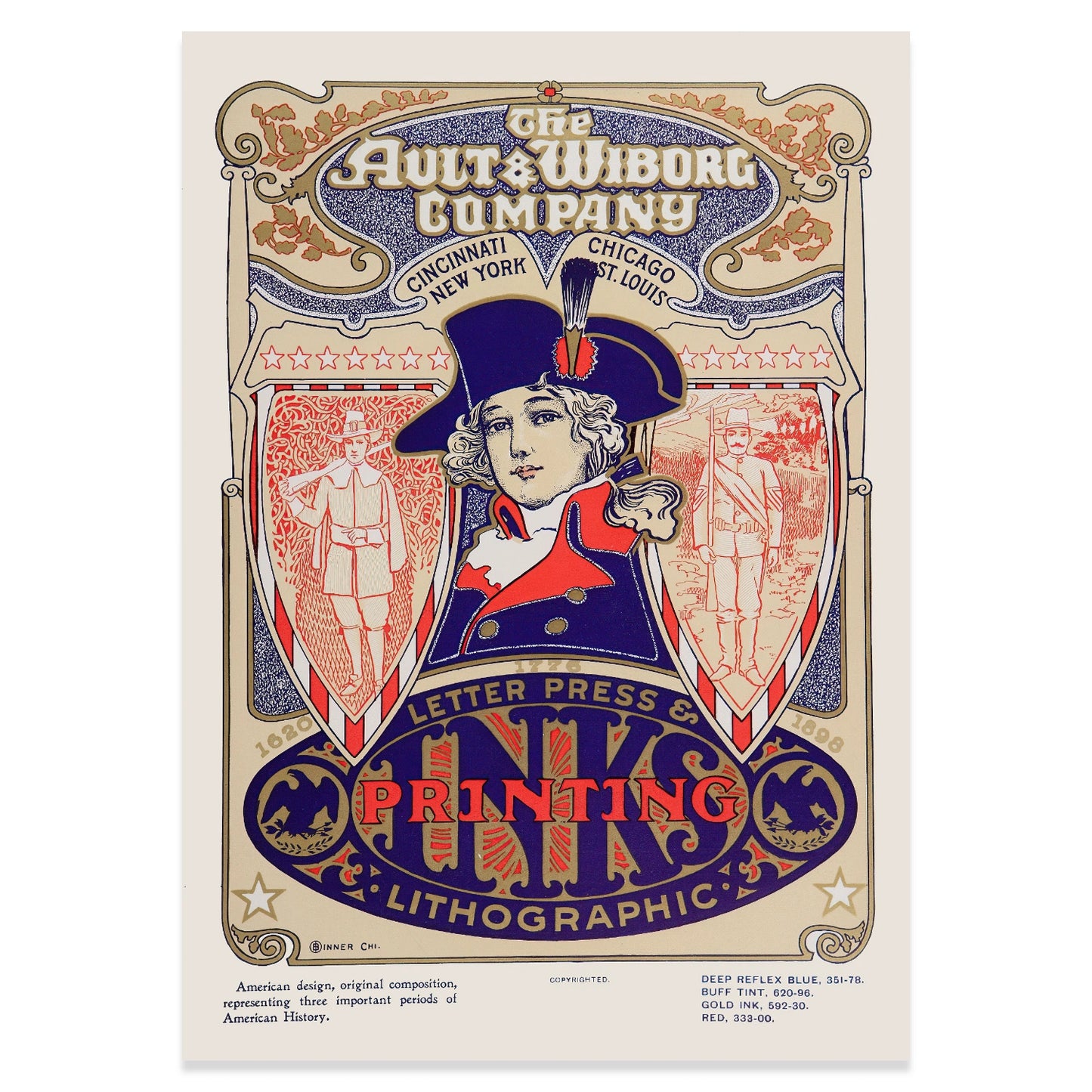 Vintage Poster-Reproduktion der Ault & Wiborg Co. mit heraldischen Elementen und patriotischen Motiven.