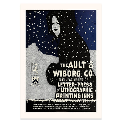 Historische Werbung der Ault & Wiborg Company mit Wappen und Städteverzeichnis.