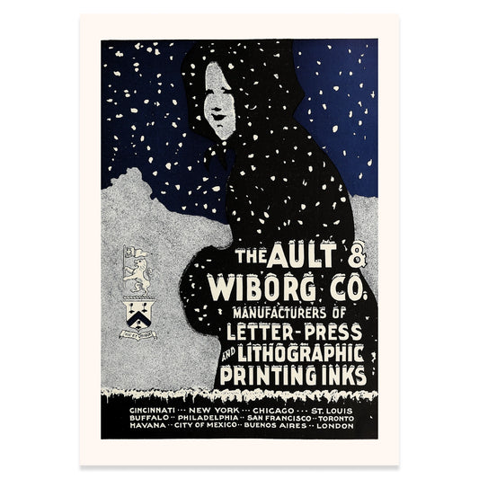 Historische Werbung der Ault & Wiborg Company mit Wappen und Städteverzeichnis.