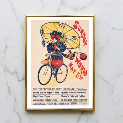 Antikes Plakat 'The Sunday World' zeigt eine Radfahrerin und kleine Radrennfahrer am Schirm.
