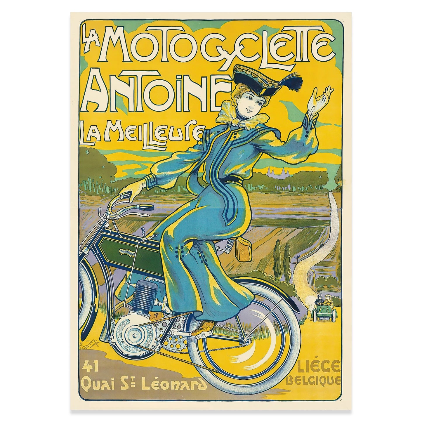 Detailreiches Vintage-Plakat 'La Motocyclette Antoine' mit kunstvoller Typografie.