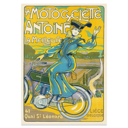 Detailreiches Vintage-Plakat 'La Motocyclette Antoine' mit kunstvoller Typografie.