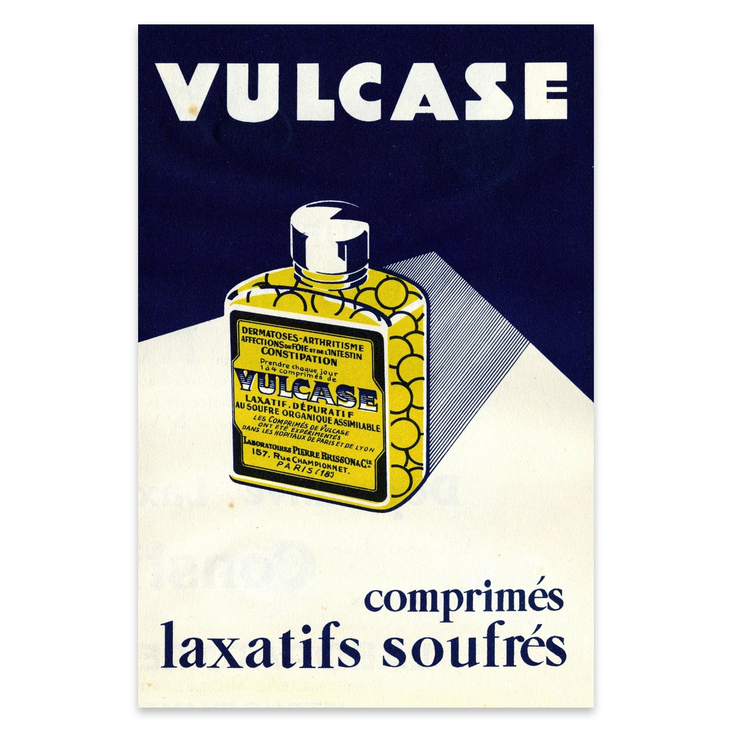Historisches Pharma-Poster mit markanter weißer und blauer Typografie.