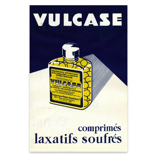 Historisches Pharma-Poster mit markanter weißer und blauer Typografie.