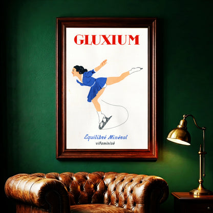 Illustration einer Frau in einem blauen Schlittschuhkleid auf Eis, minimalistischer Stil.