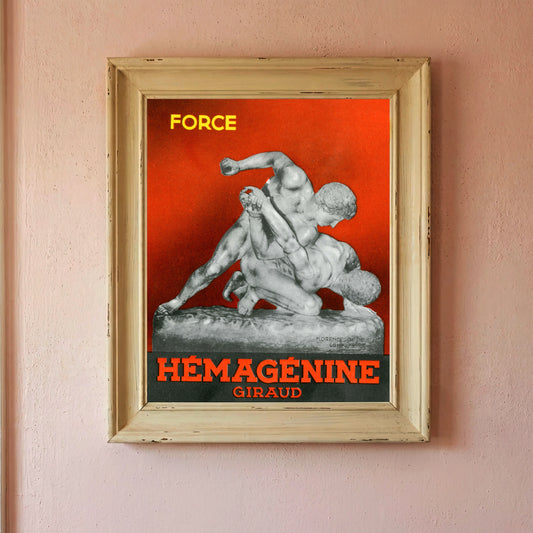 Zwei kämpfende antike Statuen auf einem roten Werbedesign der Laboratoires Petit.