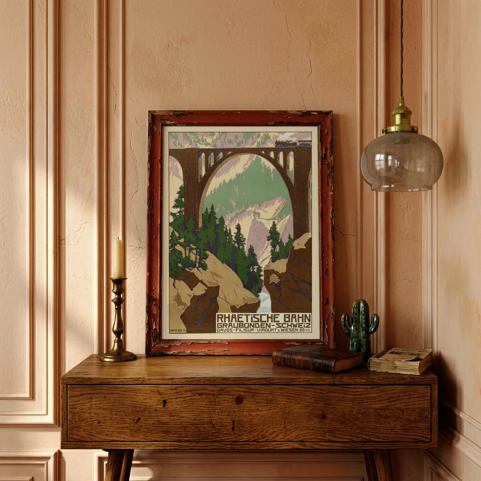 Vintage Reiseplakat der Rhätischen Bahn mit dem Wiesener Viadukt in Graubünden von 1909.