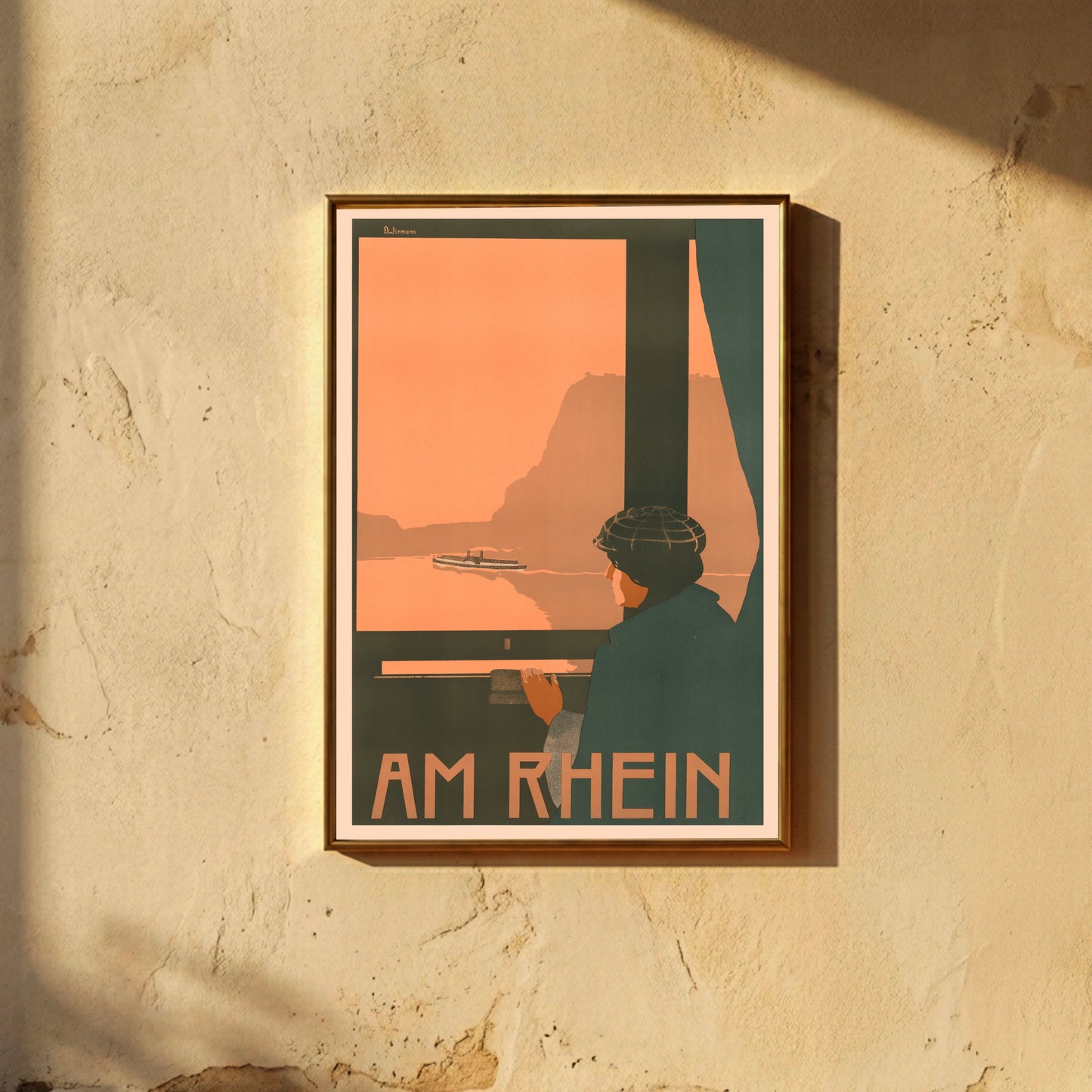 Jugendstil Illustration einer Person am Fenster mit Blick auf den Rhein und den Drachenfels.