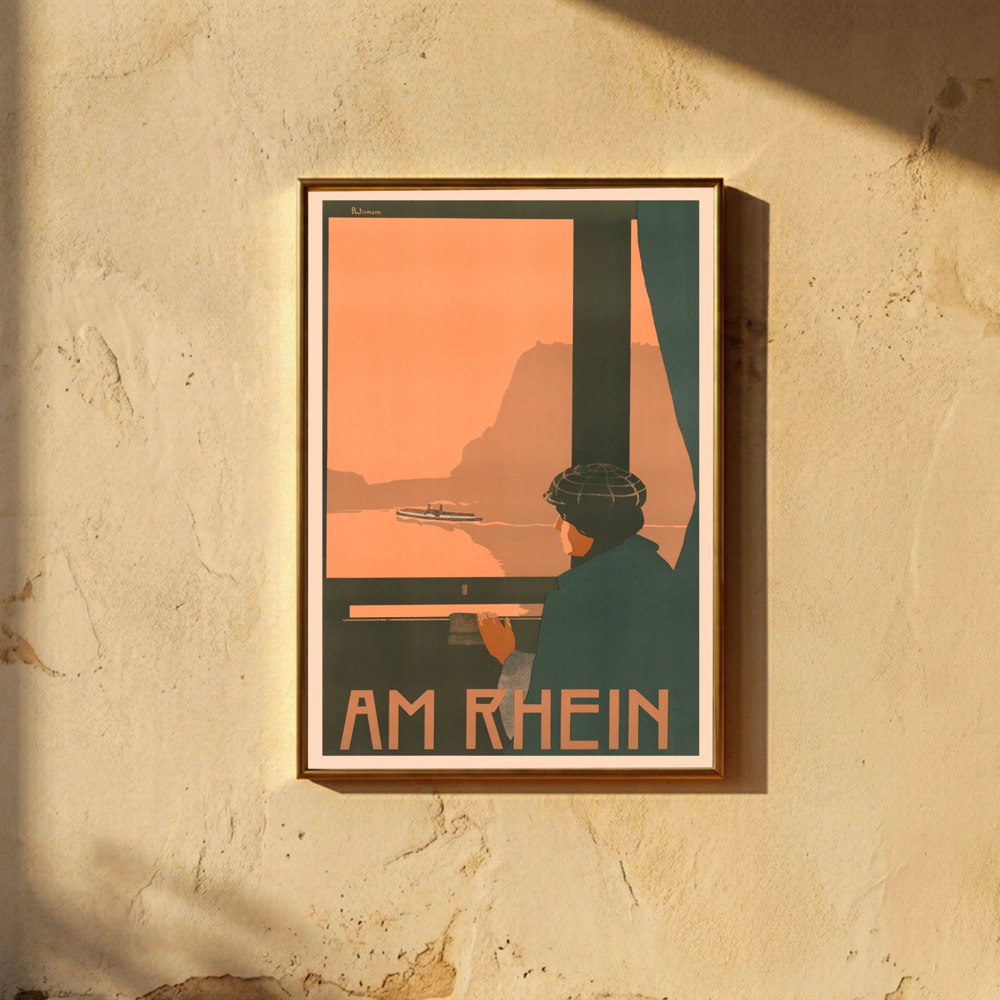 Jugendstil Illustration einer Person am Fenster mit Blick auf den Rhein und den Drachenfels.