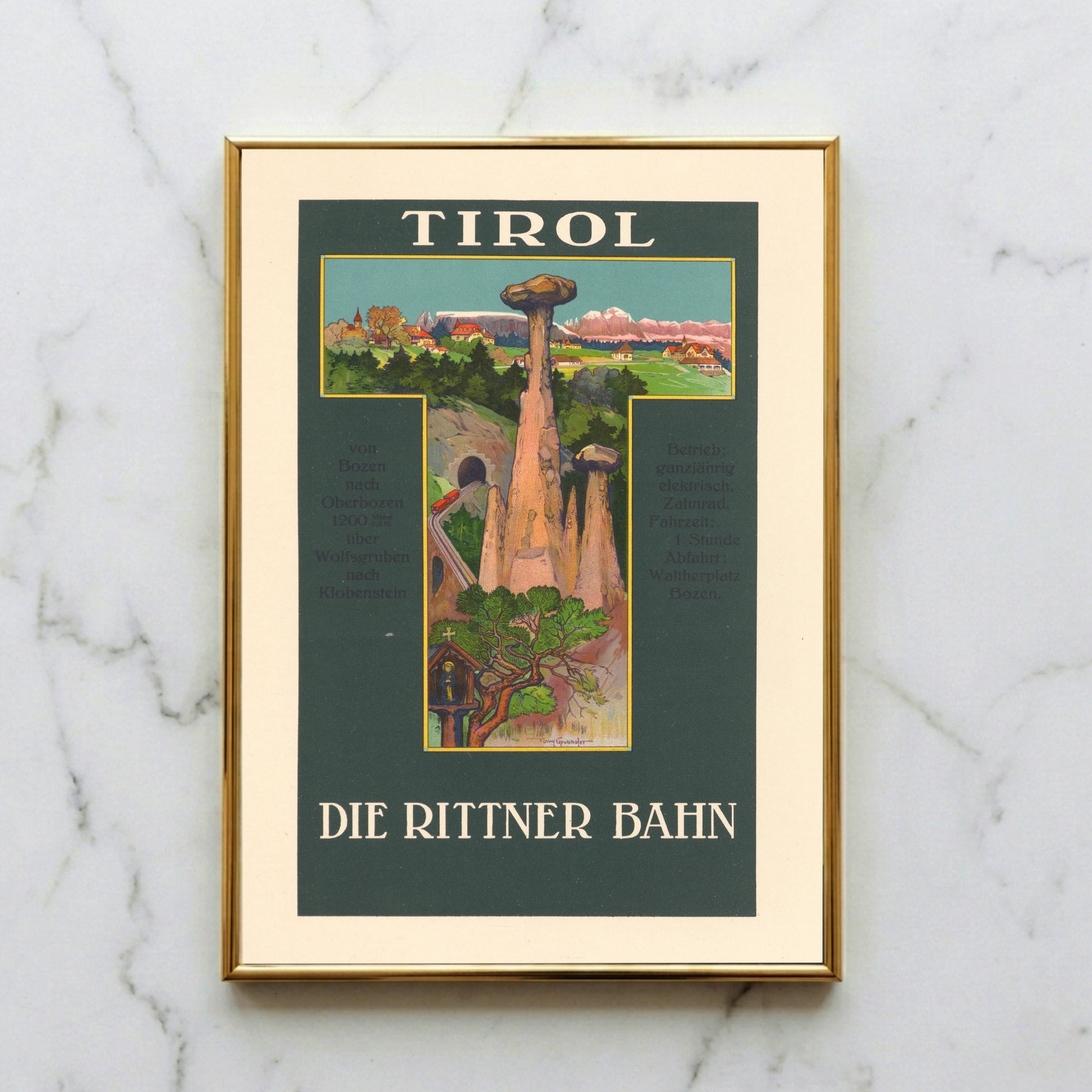 Vintage Reiseplakat der Rittnerbahn in Tirol mit Erdpyramiden und Alpenpanorama.