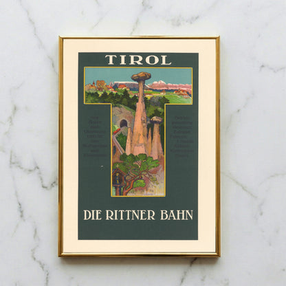 Vintage Reiseplakat der Rittnerbahn in Tirol mit Erdpyramiden und Alpenpanorama.