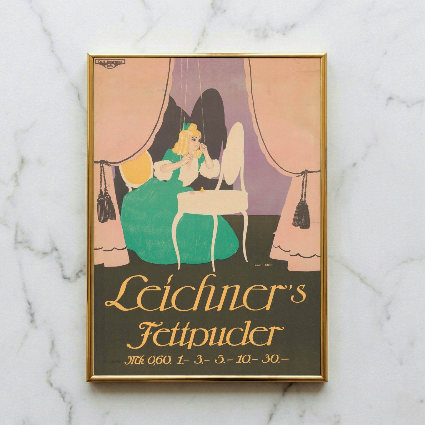 Vintage Poster von Leichner's Fettpuder mit Preisen in Mark am unteren Rand.