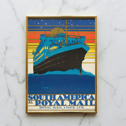 Art déco Reiseposter South America by Royal Mail mit farbigen Horizontstreifen.