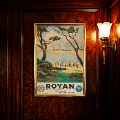 Vintage Reiseposter von Royan aus dem Jahr 1934 mit Blick durch Pinien auf den Sandstrand.