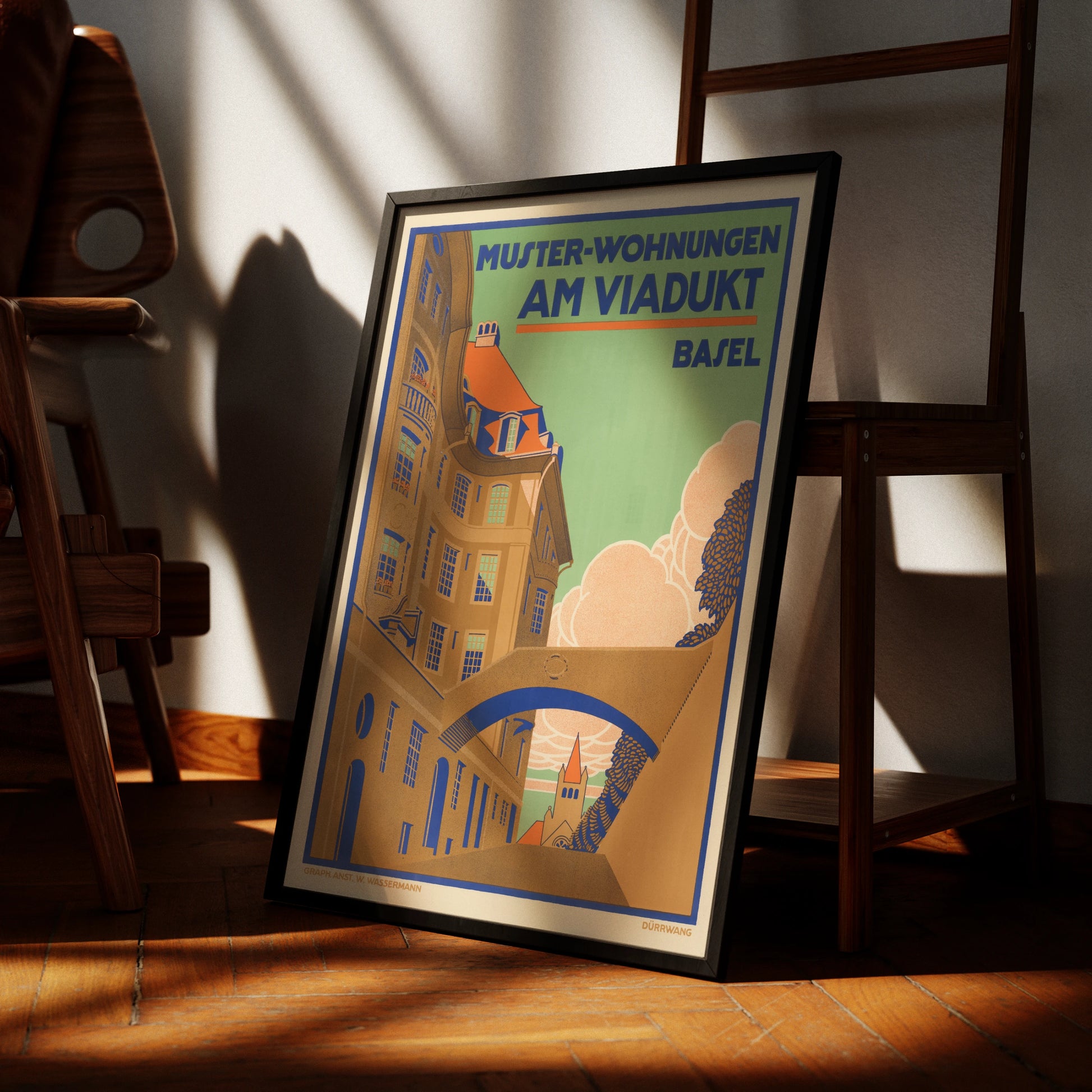 Historisches Plakat von Rudolf Dürrwang für Muster-Wohnungen am Viadukt in Basel aus dem Jahr 1912.