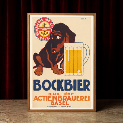 Illustrationskunst von Rudolf Urech zeigt einen Hund und ein helles Bier im Glaskrug.