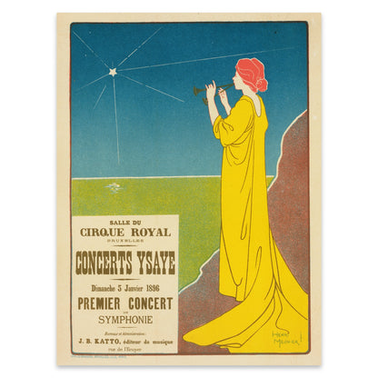 Belgisches Vintage Kunstposter mit markanter gelber Figur und blauer Nachtszene.