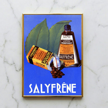 Salyfrêne Werbeplakat von 1938 mit Medikamentenflasche und Dragees auf blauem Grund.