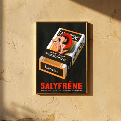 Grafisches Retro-Poster der Laboratoires du Salyfrêne in Schwarz und Orange.