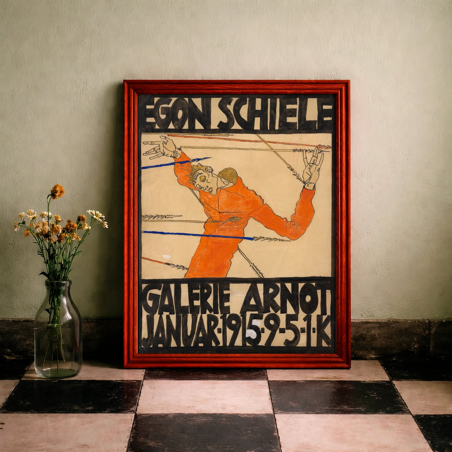 Expressionistisches Selbstbildnis von Egon Schiele in Orange von Pfeilen durchbohrt.