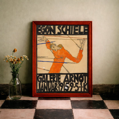 Expressionistisches Selbstbildnis von Egon Schiele in Orange von Pfeilen durchbohrt.