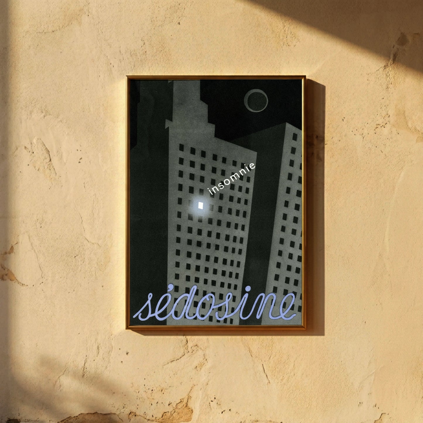 Minimalistisches französisches Werbeplakat im Art Deco Stil in Grautönen.