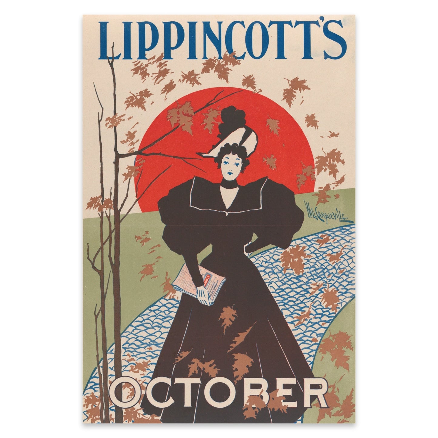 Künstlerischer Kunstdruck Lippincott’s October mit blauen Lettern und herbstlicher Szenerie.