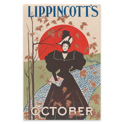 Künstlerischer Kunstdruck Lippincott’s October mit blauen Lettern und herbstlicher Szenerie.