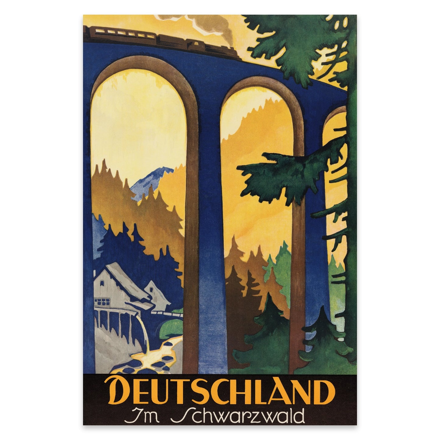 Nostalgisches Eisenbahn-Poster aus dem Schwarzwald mit einer Lokomotive auf einer hohen Brücke.