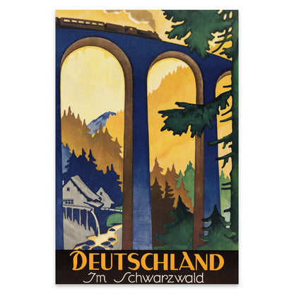 Nostalgisches Eisenbahn-Poster aus dem Schwarzwald mit einer Lokomotive auf einer hohen Brücke.