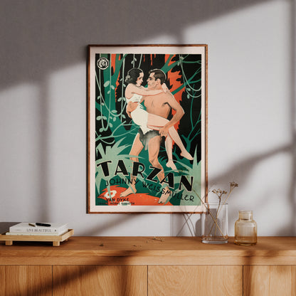 Schwedisches Kinoplakat zu Tarzan der Affenmensch in Vintage-Farben Grün und Orange.