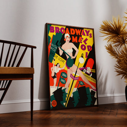 Vintage Kinoplakat von 1929 mit Illustrationen von Tänzerinnen und Art Deco Typografie.