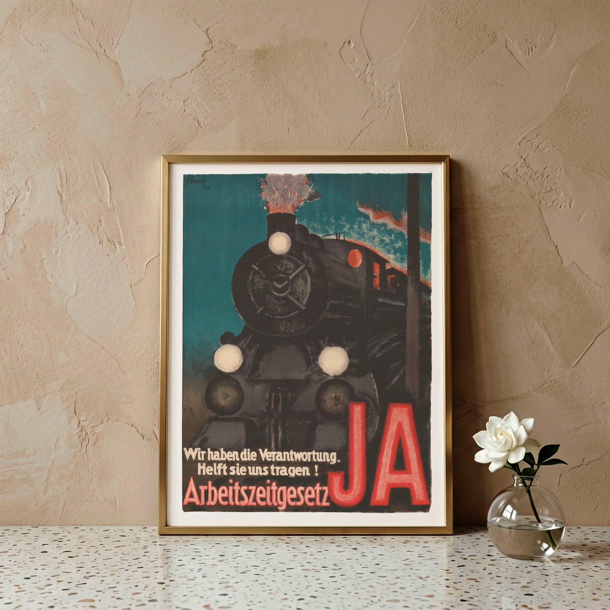 Historisches Wahlplakat mit einer Lokomotive und rotem Text Arbeitszeitgesetz Ja.