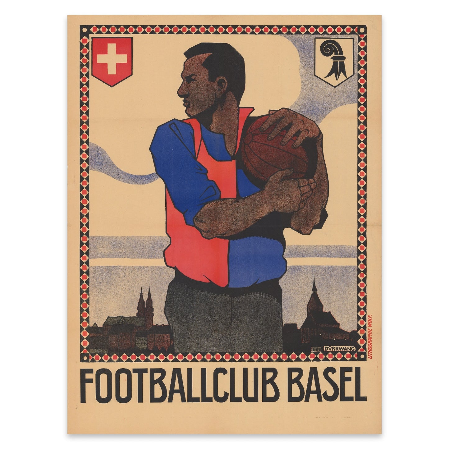 Kunstdruck eines historischen Fußballmotivs in Rot und Blau mit markanter Typografie.