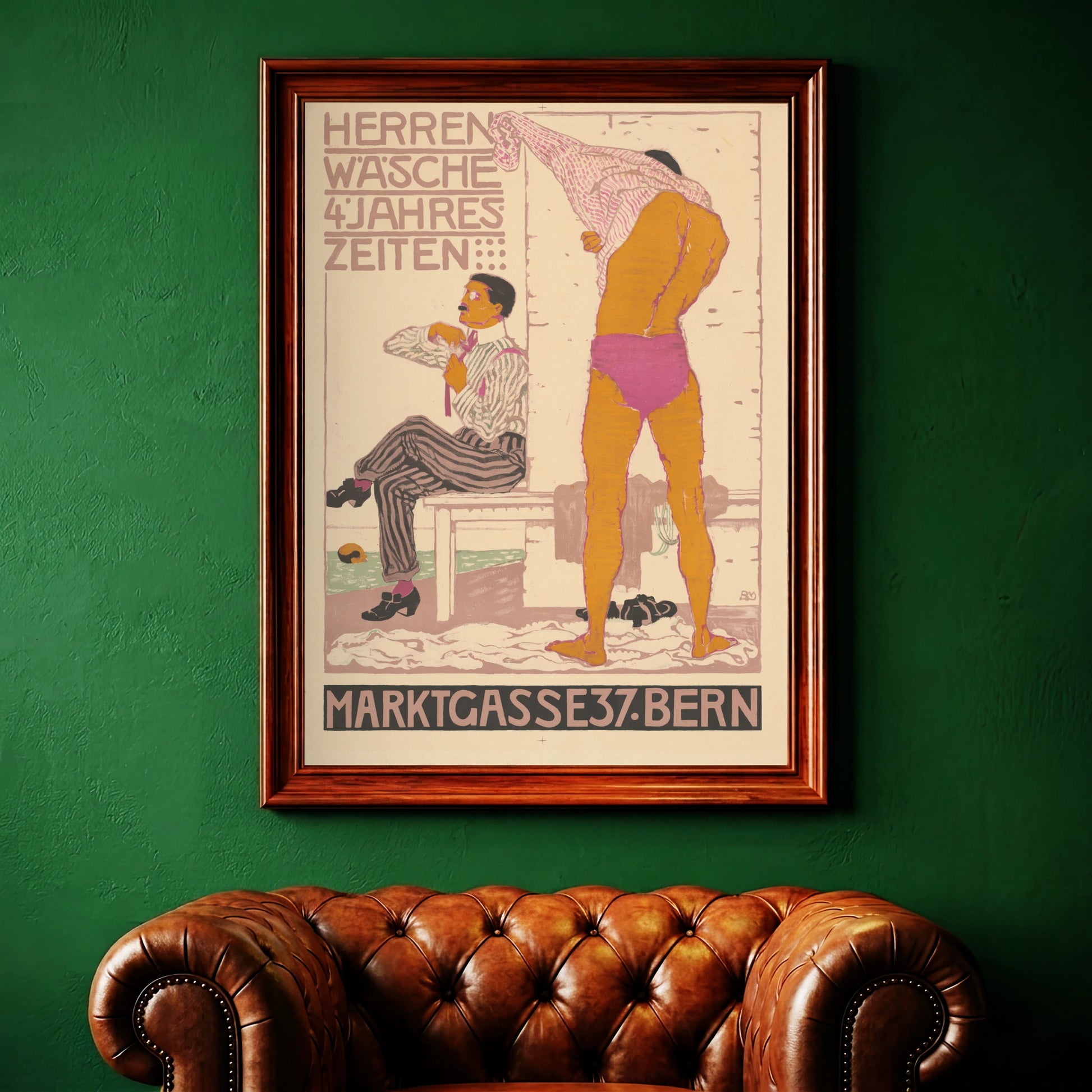 Gestreifte Herrenmode und klassische Typografie auf einem historischen Werbeplakat.