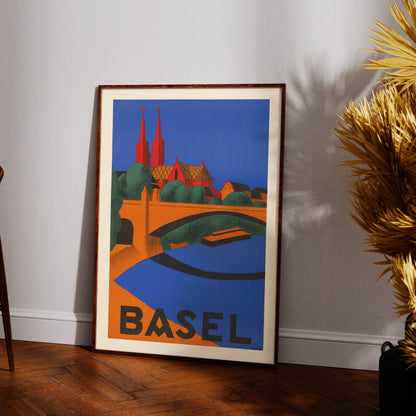 Modernistisches Schweizer Reiseplakat mit flächigen Farben und markanter Typografie.