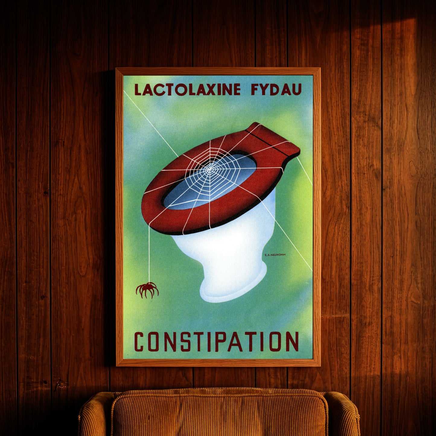 Detailaufnahme des illustrativen Schweizer Posters gegen Verstopfung mit roter Brille und Spinne.