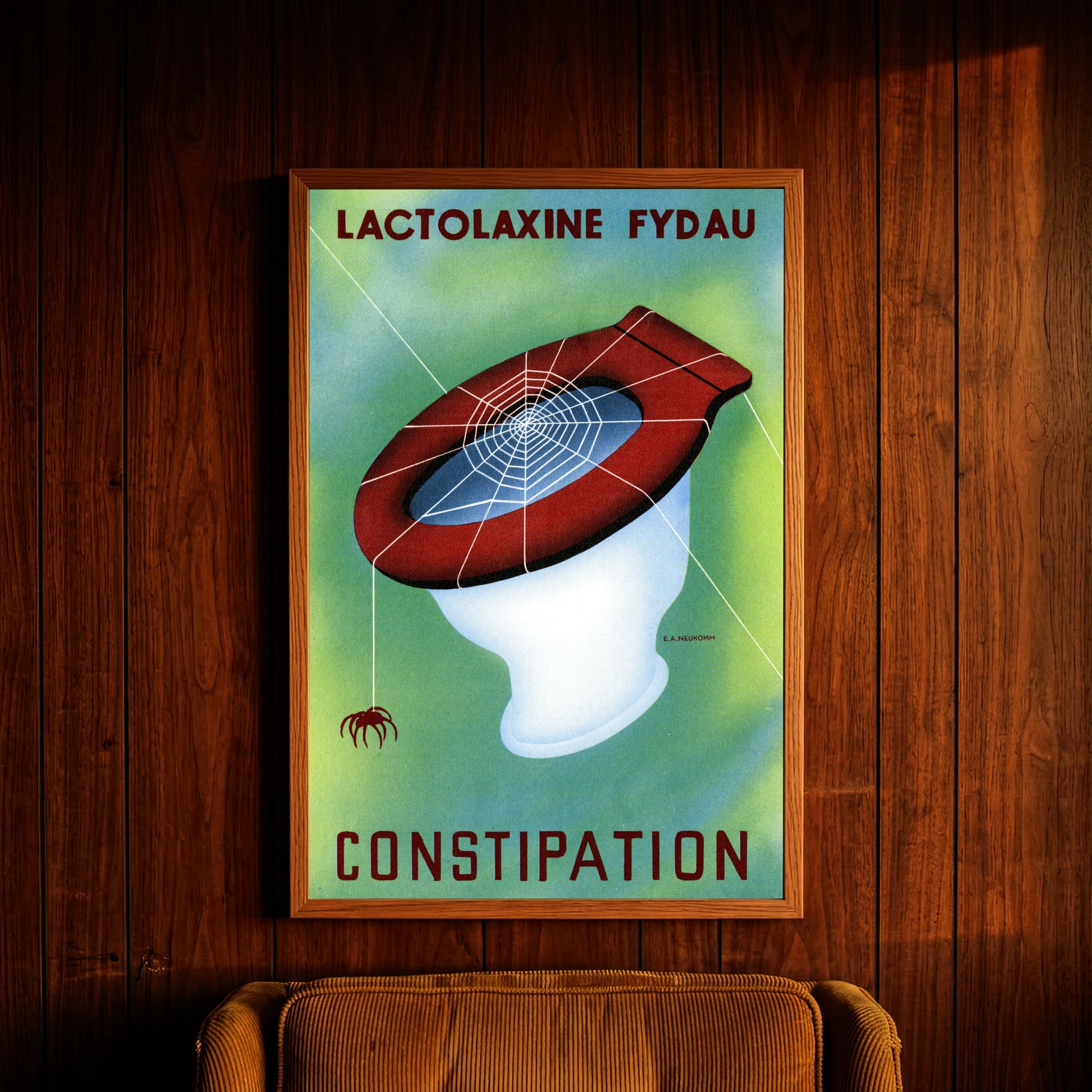 Detailaufnahme des illustrativen Schweizer Posters gegen Verstopfung mit roter Brille und Spinne.