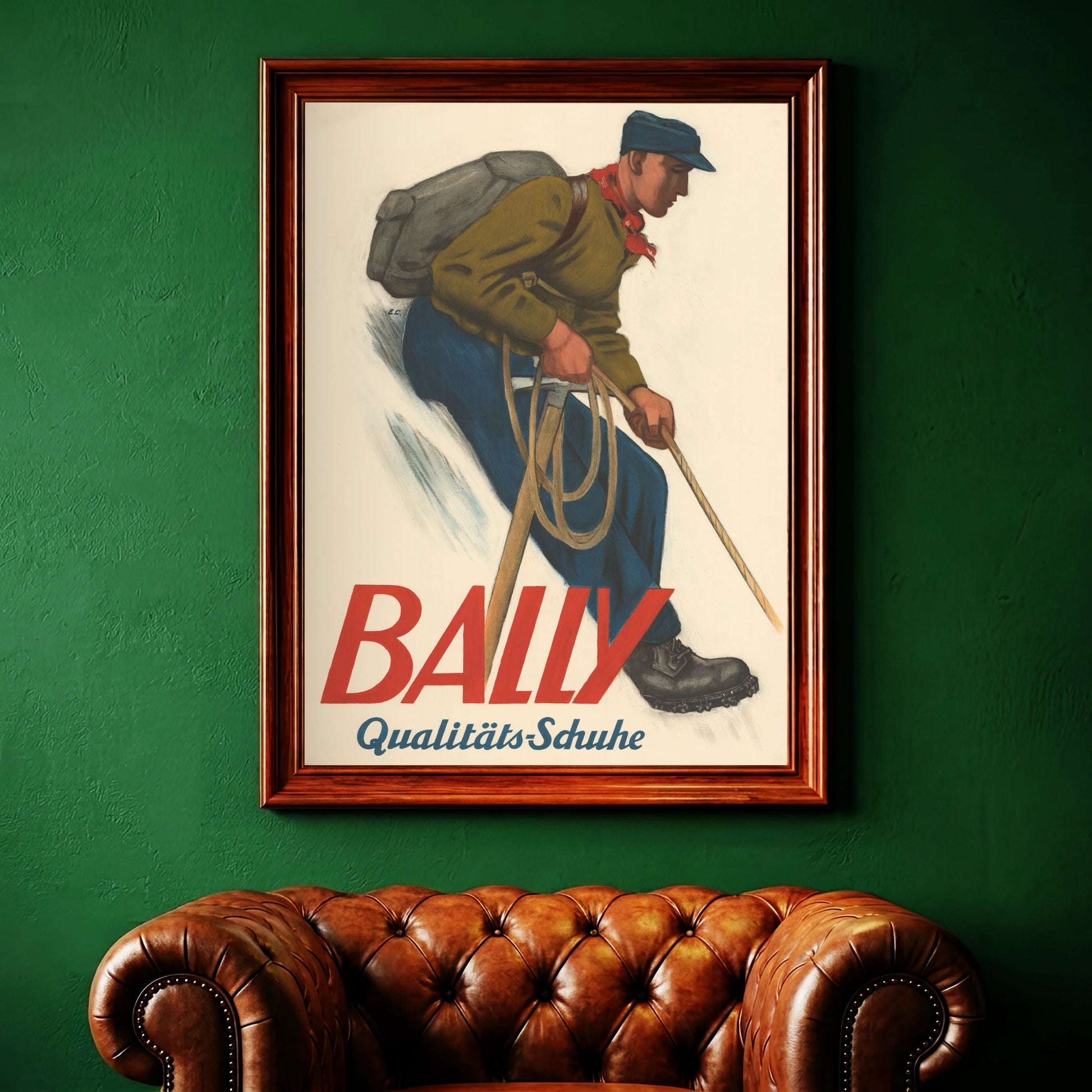 Illustration eines Alpinisten mit Rucksack und Eispickel für Bally Schuhe.