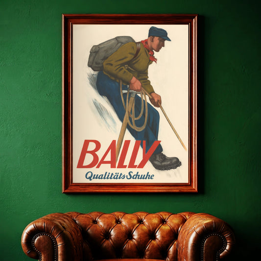 Illustration eines Alpinisten mit Rucksack und Eispickel für Bally Schuhe.