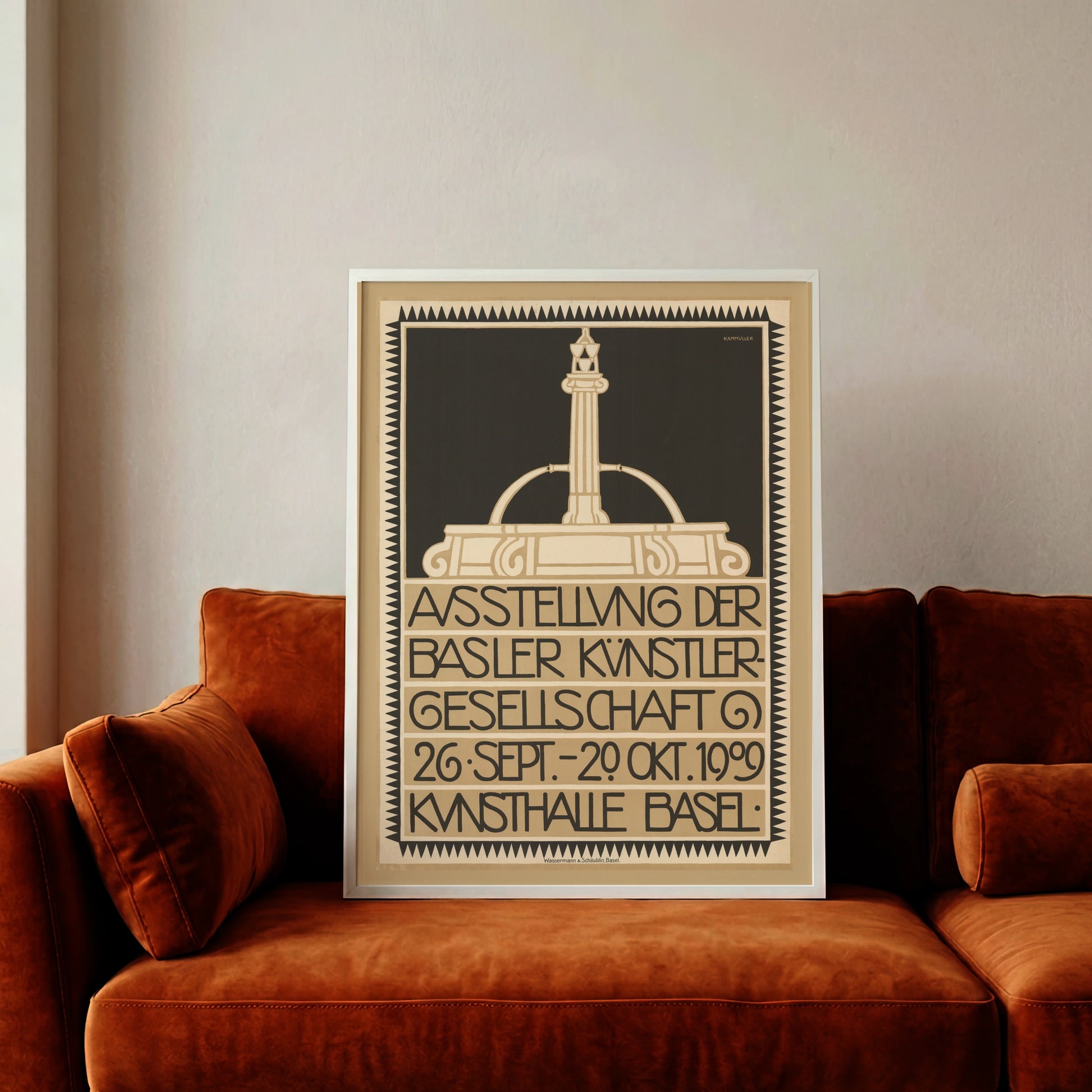 Detaillierte Typografie und Illustration eines Brunnens auf einem Basler Kunstplakat von 1909.