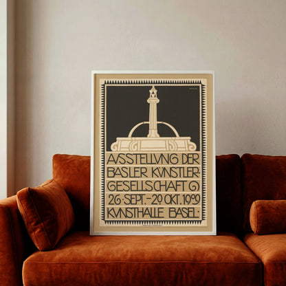 Detaillierte Typografie und Illustration eines Brunnens auf einem Basler Kunstplakat von 1909.